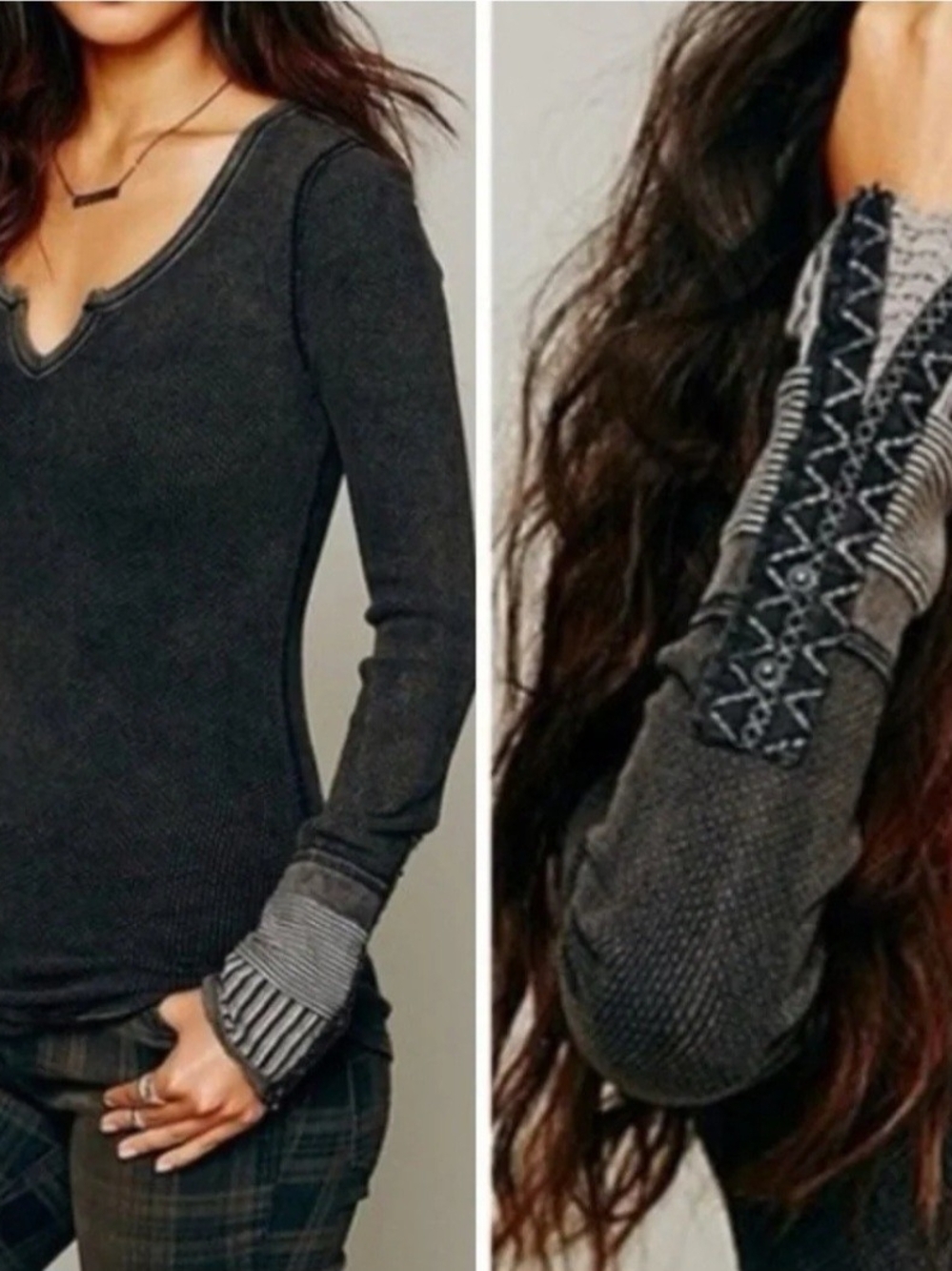 We The Free Charcoal Grey Long Sleeve Thermal Top with Embroidered Sleeve